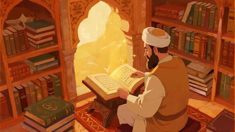Seorang lelaki yang sedang membaca kitab - kitab Samawi di sebuah bilik bacaannya.